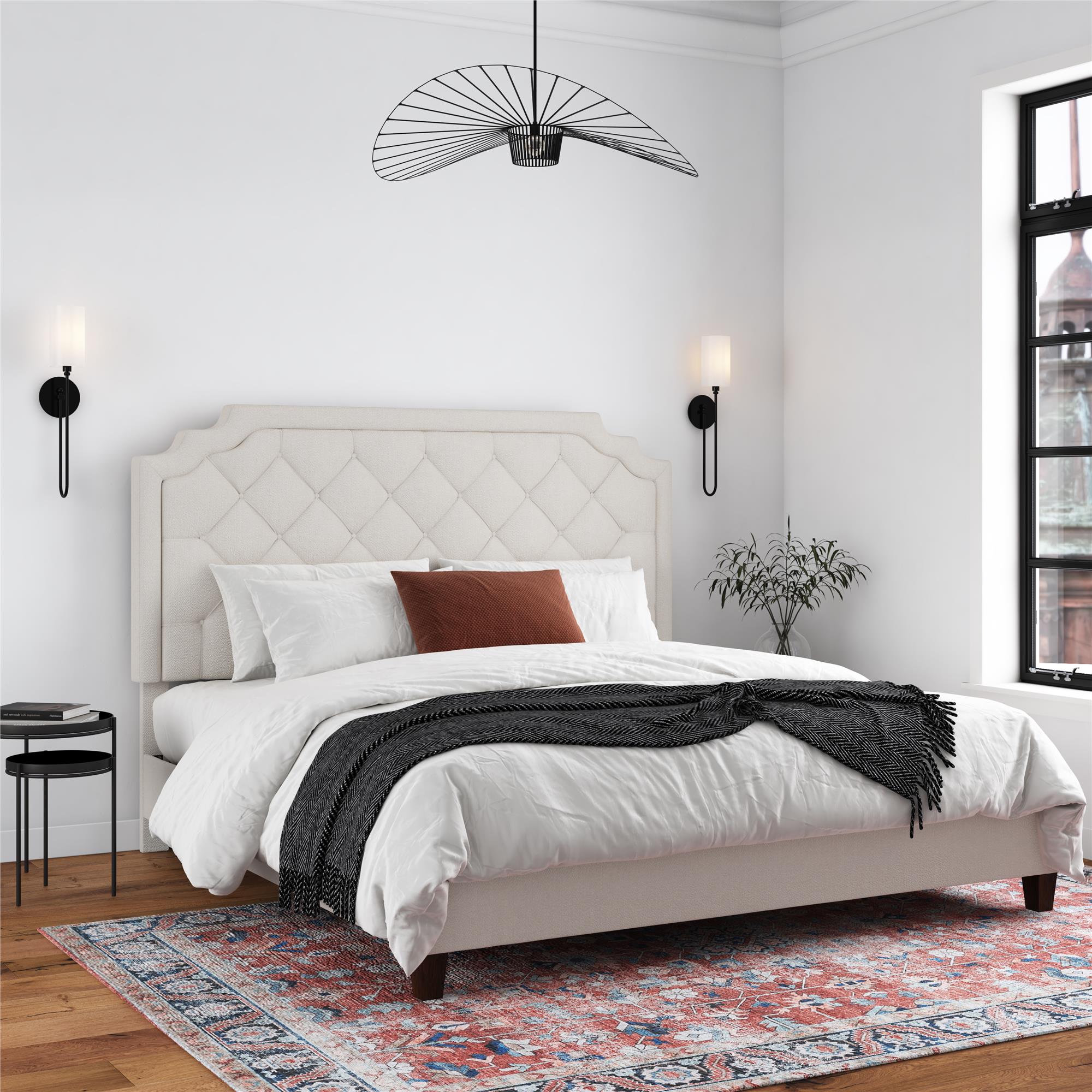 The Novogratz Eloise Upholstered Platform Bed King Ivory Chenille