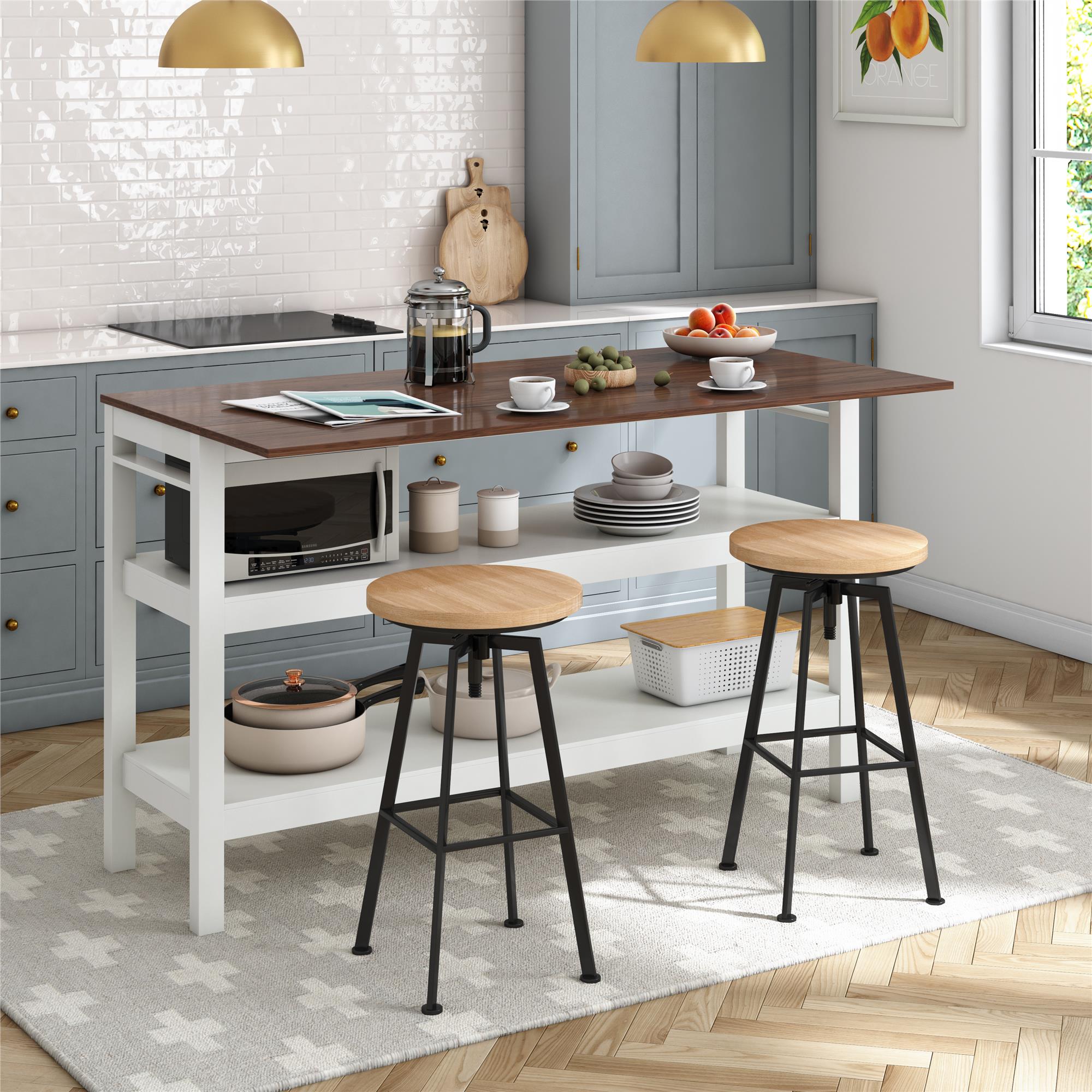 Novogratz TALLEN 48 Kitchen Island Table with Drop Leaf and Storage Shelves Walnut