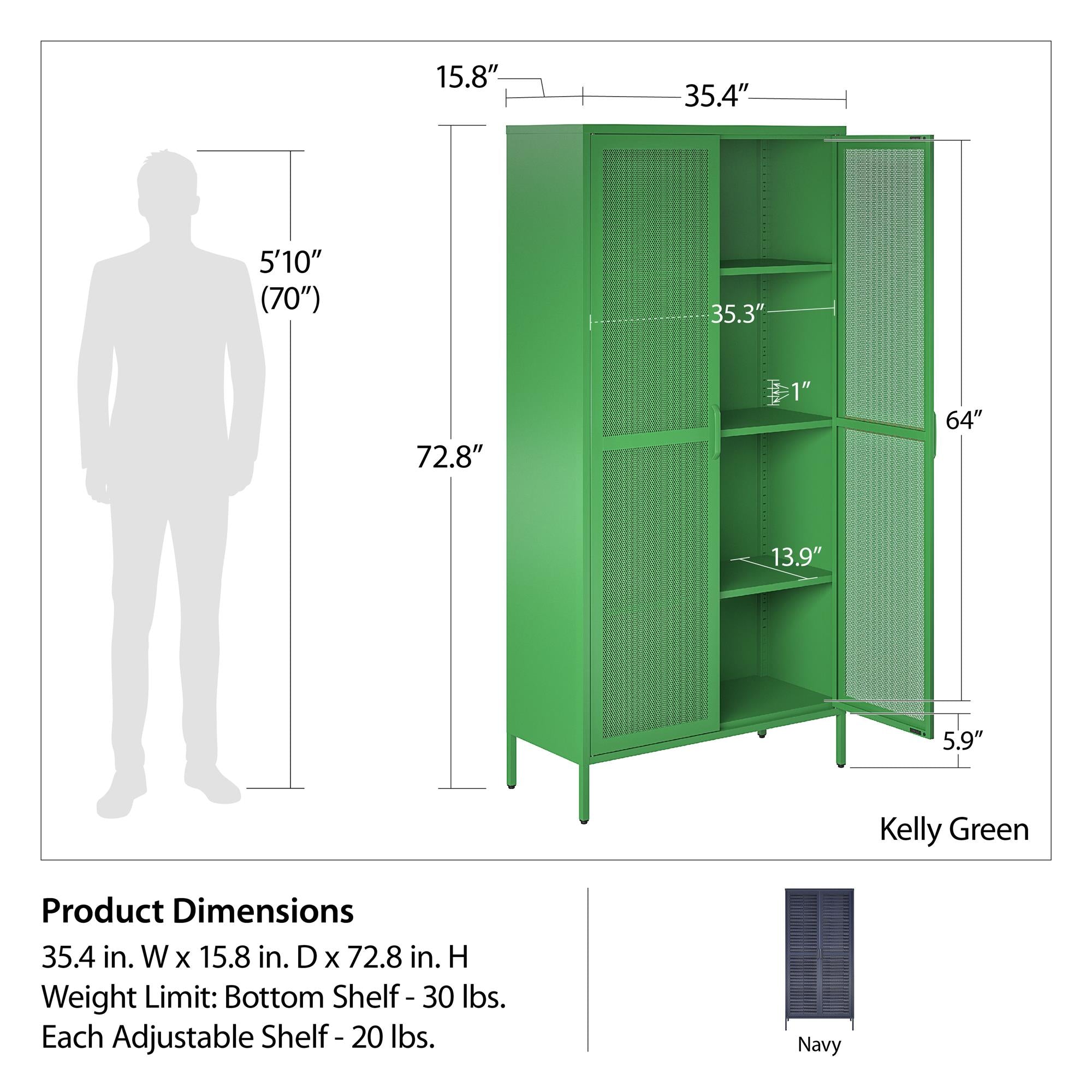 Novogratz Channing Tall 2 Door Storage Cabinet-Mesh Metal Locker, Kelly  Green 