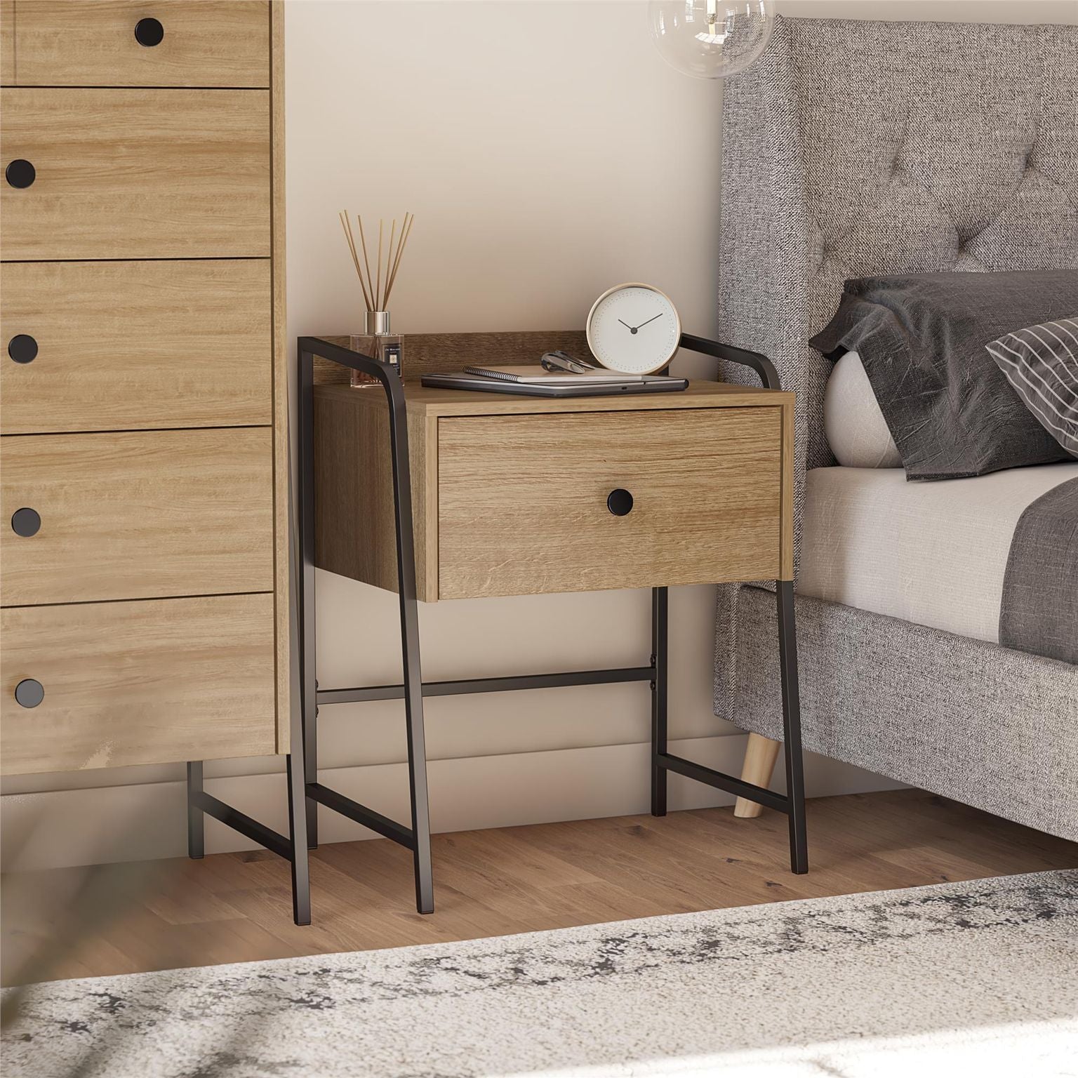 Wood and black metal nightstand online